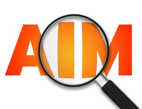 Magnifying Glass with the word aim on white background.