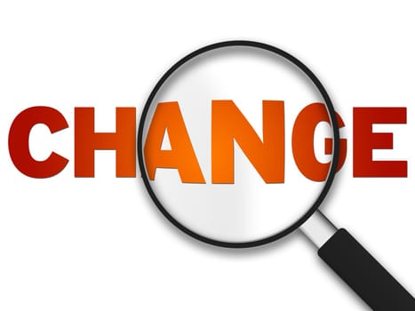 Magnifying Glass with the word change on white background.