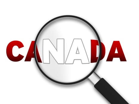 Magnifying Glass with the word Canada on white background.