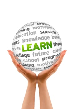 Hands holding a Learn word Sphere on white background.