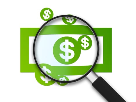 Magnifying Glass with Dollar signs on white background