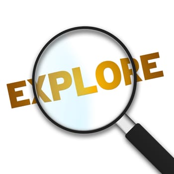 Magnifying Glass with the word explore on white background.