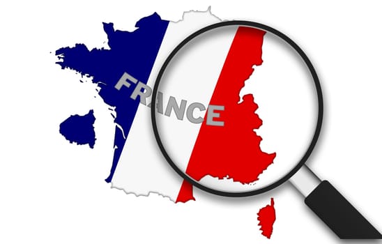 Magnifying Glass with the France country Map on white background.