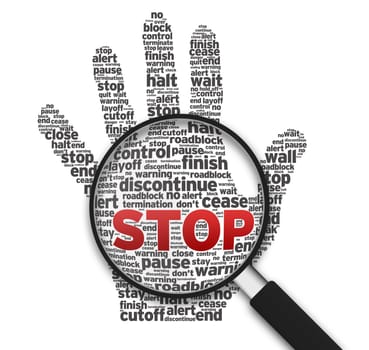 Magnified illustration with a hand and the word stop on white background.