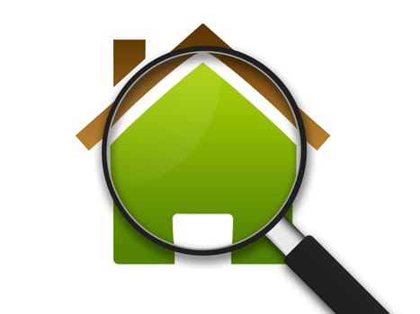 Magnifying Glass zooming in on a clipart house .
