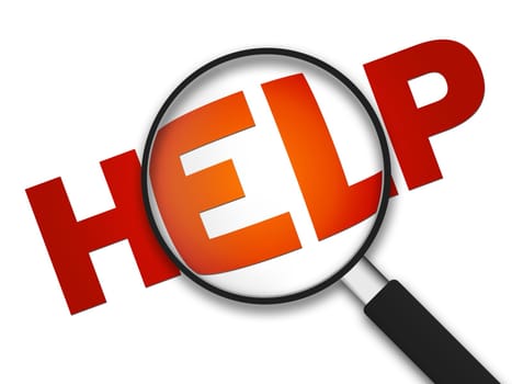 Magnifying Glass with the word help on white background.