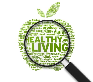 Magnified Apple with the words Healthy Living on white background.