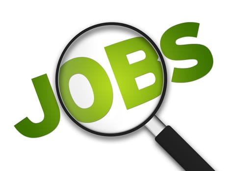 Magnifying Glass with the word Jobs on white background.
