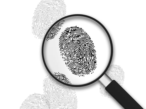Magnifying Glass with finger prints on white background.