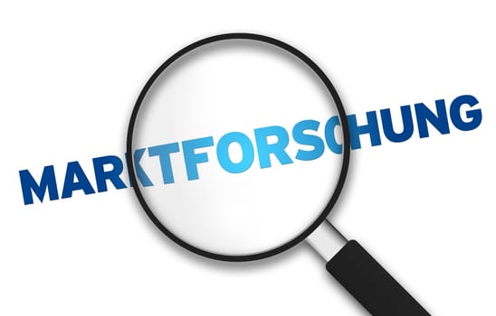 Magnifying Glass with the word Market Research on white background.