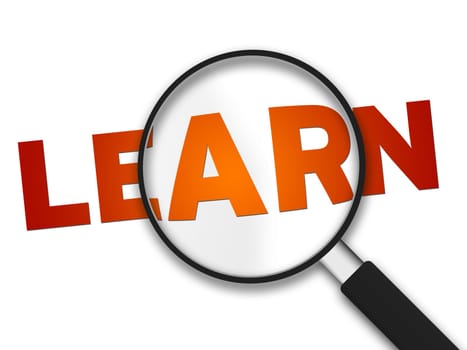 Magnifying Glass with the word learn on white background.