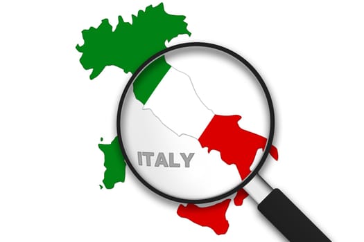 Magnifying Glass with the Italy Country Map on white background.