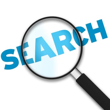 Magnifying Glass with the word SEARCH on white background.