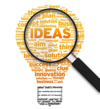 Magnified illustration with a light bulb and the word ideas on white background.