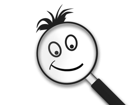 Magnifying Glass with a smiley clipart face on white background.