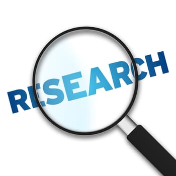 Magnifying Glass with the word research on white background.