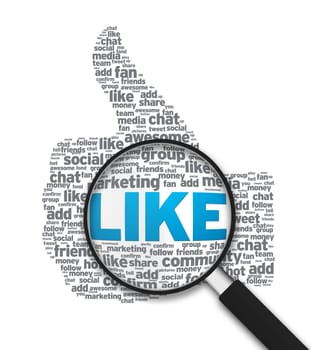 Magnified illustration with the word like on white background.