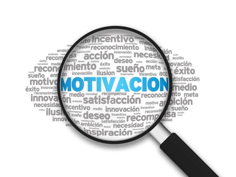 Magnified illustration with the word Motivation on white background.