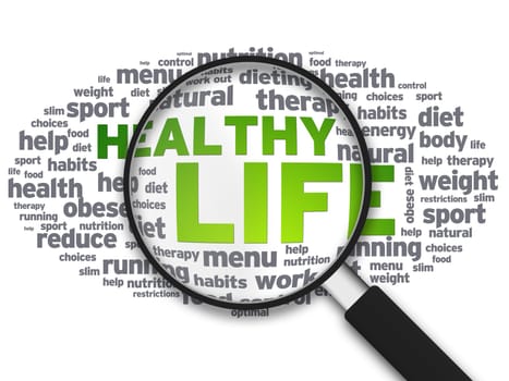 Magnified illustration with the words Healthy Life on white background.