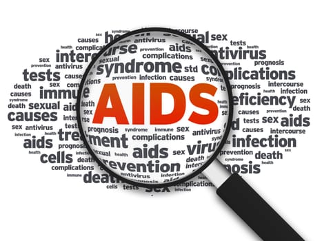 Magnifying glass with a aids word cloud on white background.