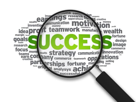 Magnified illustration with the word success on white background.