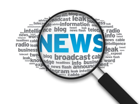 Magnified illustration with the word news on white background.