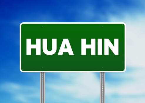 Green Hua Hin, Thailand road sign on Cloud Background.