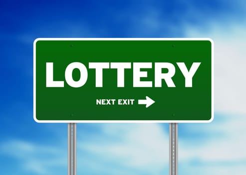 Green lottery highway sign on Cloud Background.