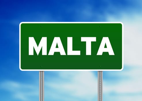 Green Malta highway sign on Cloud Background.