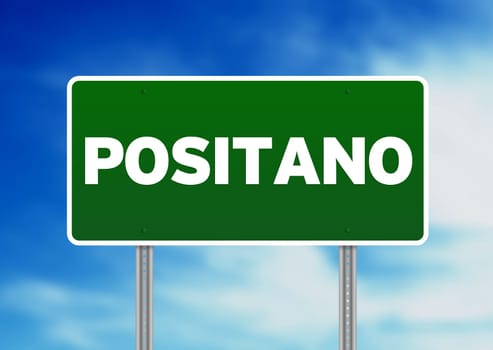 Green Positano, Italy highway sign on Cloud Background.