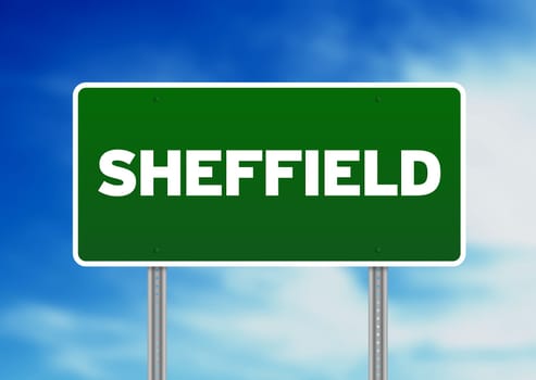 Green Sheffield, England highway sign on Cloud Background.