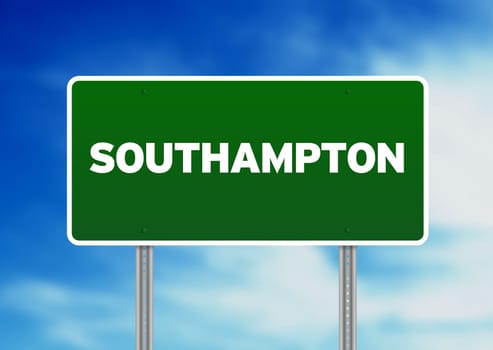 Green Southampton, England highway sign on Cloud Background.