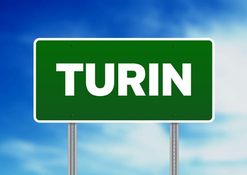 Green Turin, Italy highway sign on Cloud Background.