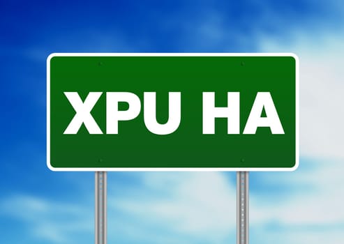 Green Xpu Ha, Mexico highway sign on Cloud Background.
