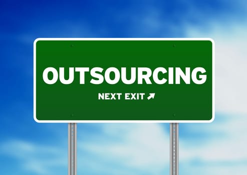 Green outsourcing highway sign on Cloud Background.
