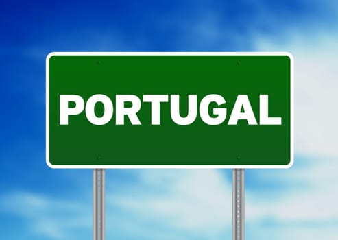 Green Portugal highway sign on Cloud Background.