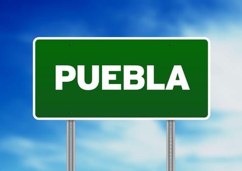 Green Puebla, Mexico highway sign on Cloud Background.
