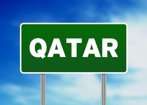 Green Qatar highway sign on Cloud Background.