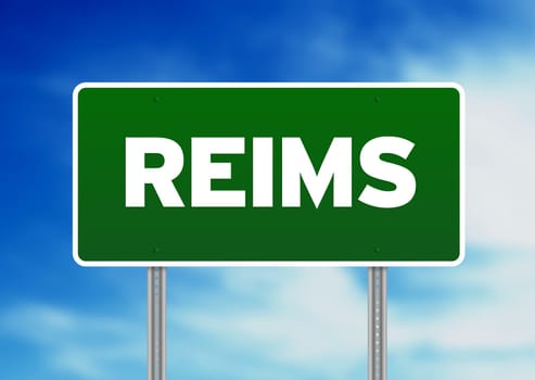 Green Reims, France highway sign on Cloud Background.