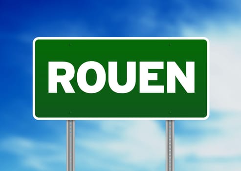 Green Rouen, France highway sign on Cloud Background.