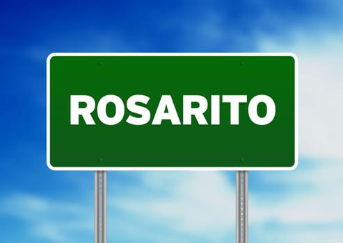 Green Rosarito, Mexico highway sign on Cloud Background.