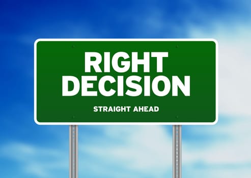 Green Right Decision Road sign on Cloud Background.