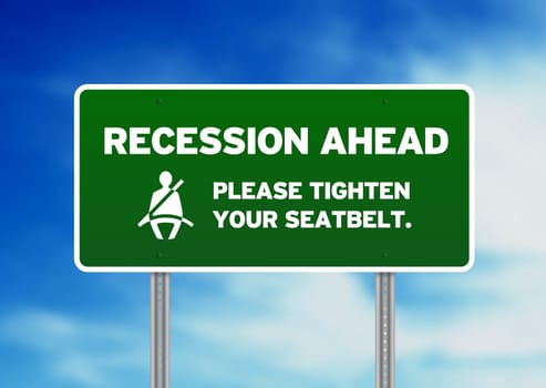 Green Recession Ahead Road sign on Cloud Background.