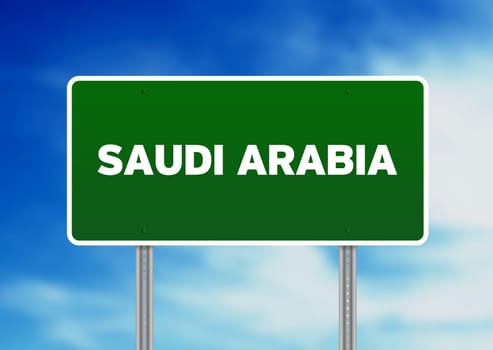 Green Saudi Arabia highway sign on Cloud Background.