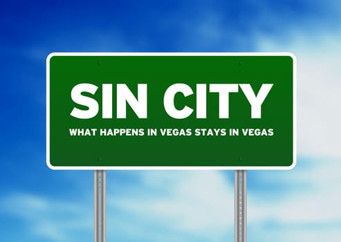Green Sin City highway sign on Cloud Background.