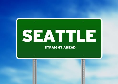 Green Seattle, Washington, USA highway sign on Cloud Background.