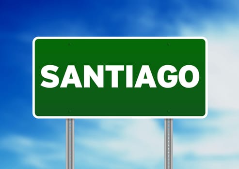 Greem Santiago, Chile highway sign on Cloud Background.