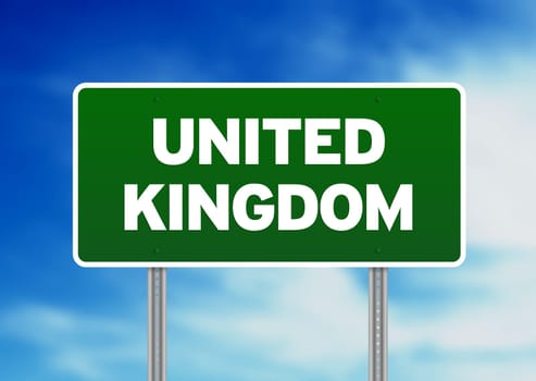 Green United Kingdom highway sign on Cloud Background.
