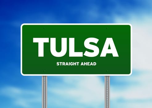 Green Tulsa, Oklahoma, USA highway sign on Cloud Background.