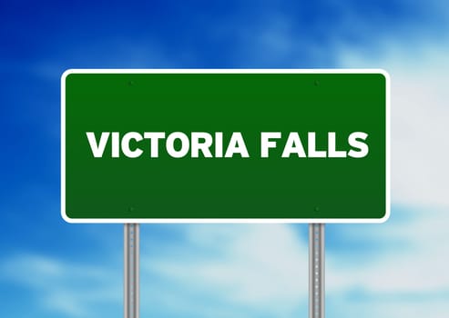 Green Victoria Falls highway sign on Cloud Background.